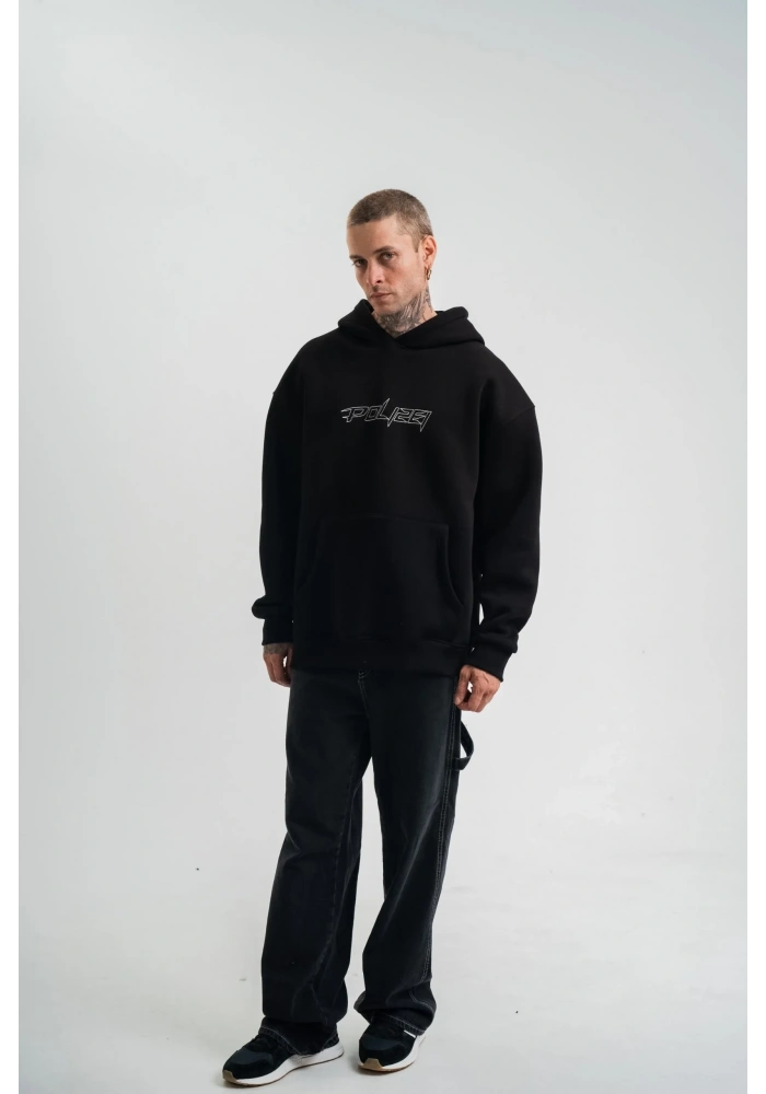ERKEK Üç İplik Kapşonlu Nakışlı SweatShirt - Siyah