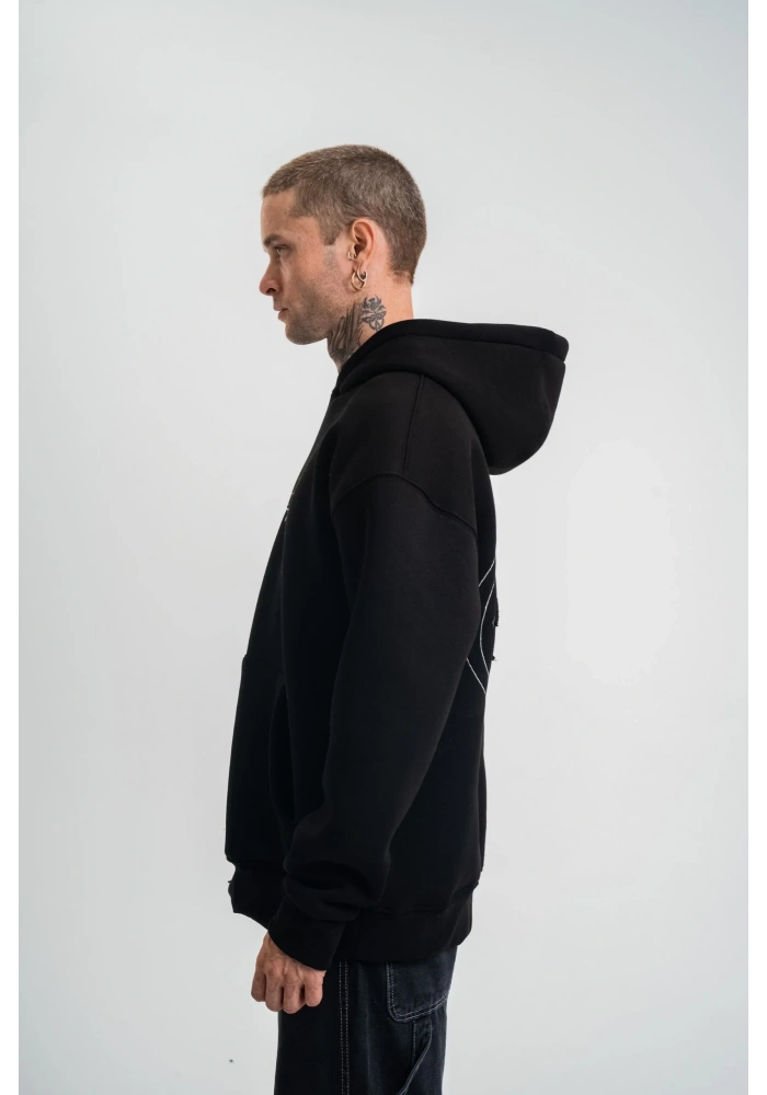 ERKEK Üç İplik Kapşonlu Nakışlı SweatShirt - Siyah