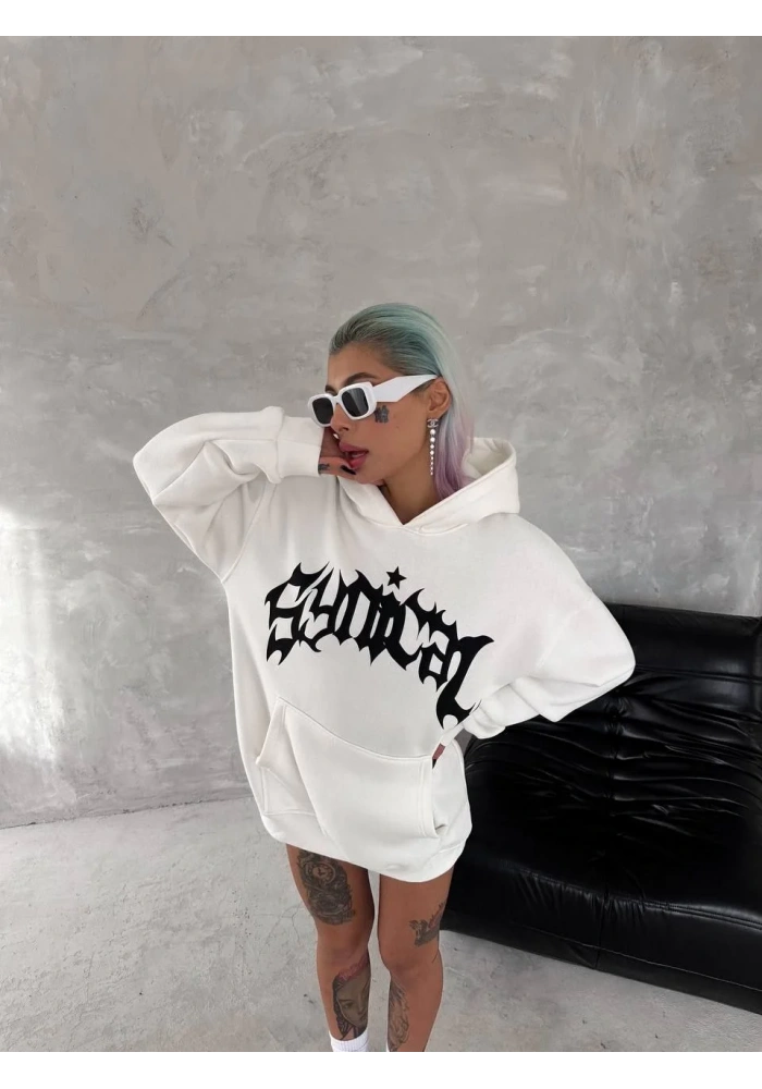 kadın Üç İplik Kapüşonlu Baskılı SweatShirt - Beyaz