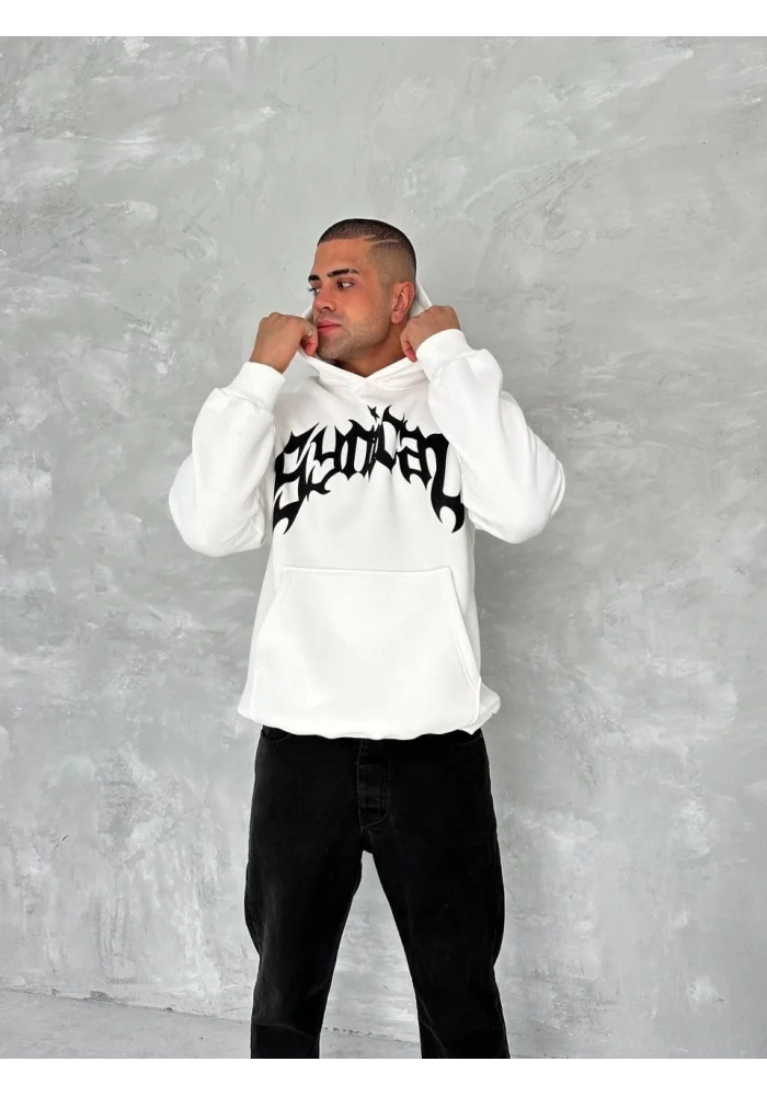ERKEK Üç İplik Kapüşonlu Baskılı SweatShirt - Beyaz