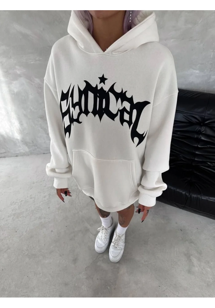 kadın Üç İplik Kapüşonlu Baskılı SweatShirt - Beyaz