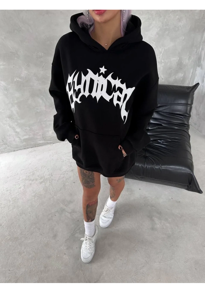 Kadın Üç İplik Kapüşonlu Baskılı SweatShirt - Siyah