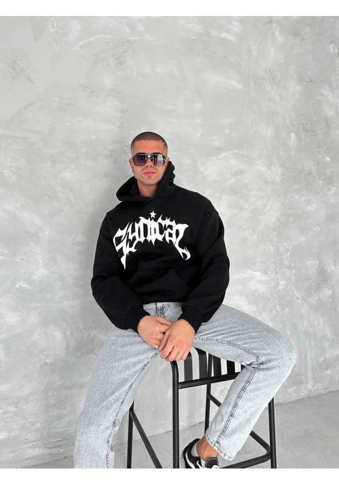 ERKEK Üç İplik Kapüşonlu Baskılı SweatShirt - Siyah