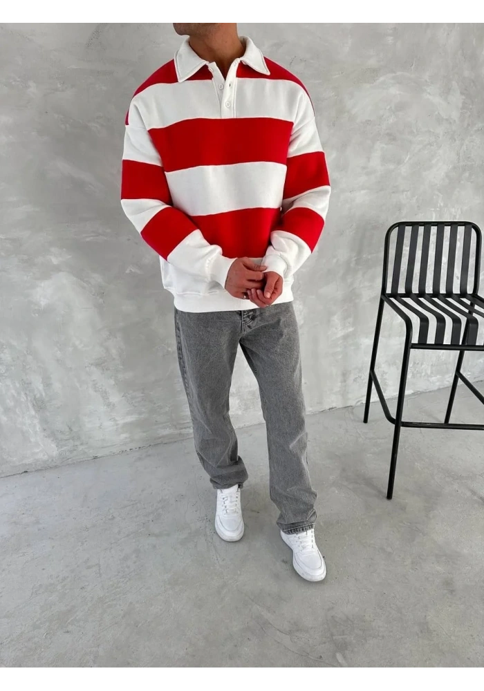 Erkek Üç İplik Parçalı Yakalı SweatShirt - Kırmızı