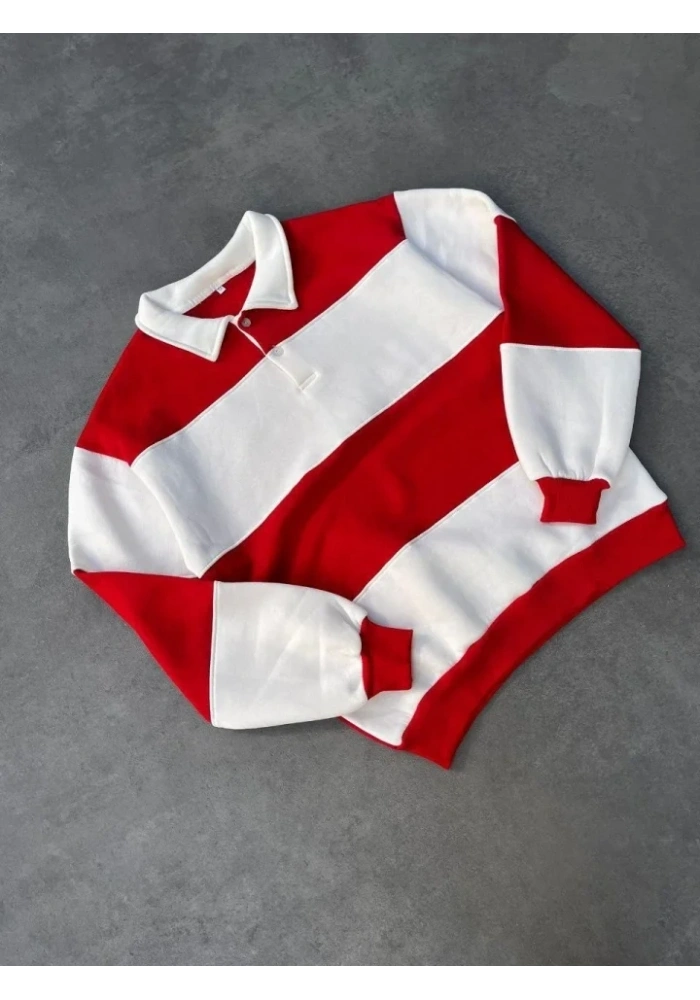 Unisex Üç İplik Parçalı Yakalı SweatShirt - Kırmızı