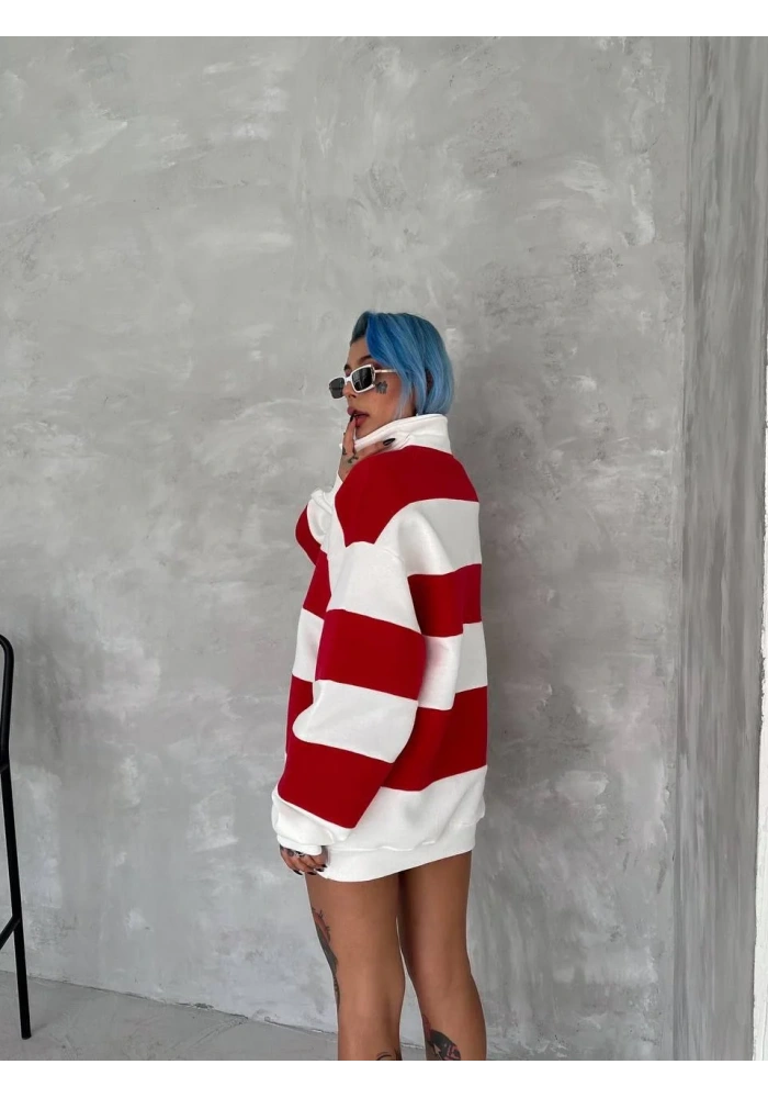 Kadın Üç İplik Parçalı Yakalı SweatShirt - Kırmızı