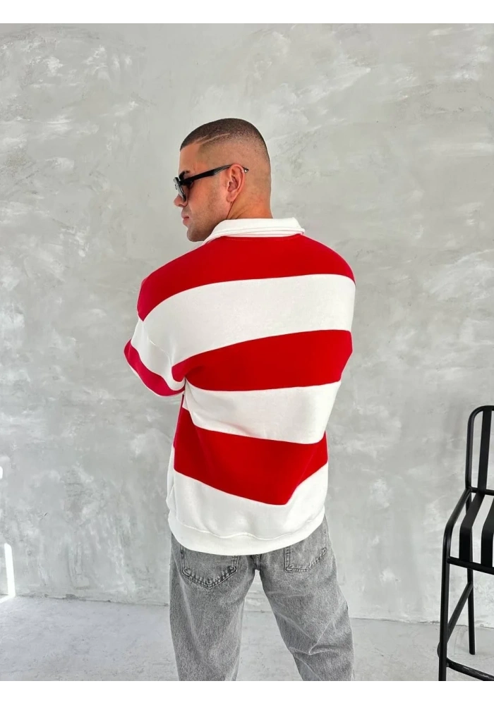 Erkek Üç İplik Parçalı Yakalı SweatShirt - Kırmızı