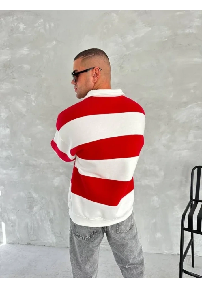 Unisex Üç İplik Parçalı Yakalı SweatShirt - Kırmızı