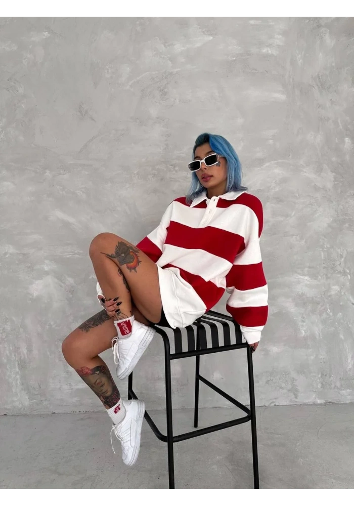 Kadın Üç İplik Parçalı Yakalı SweatShirt - Kırmızı