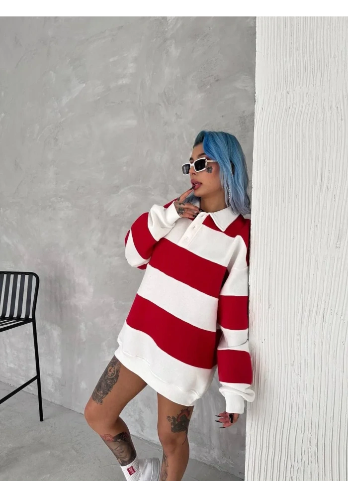 Kadın Üç İplik Parçalı Yakalı SweatShirt - Kırmızı