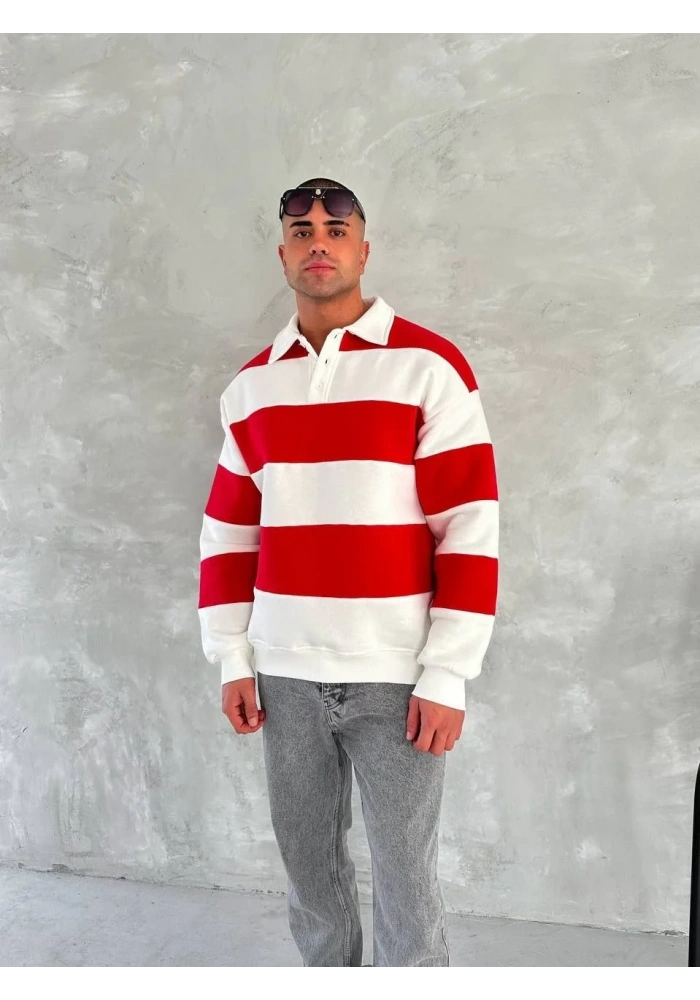 Erkek Üç İplik Parçalı Yakalı SweatShirt - Kırmızı