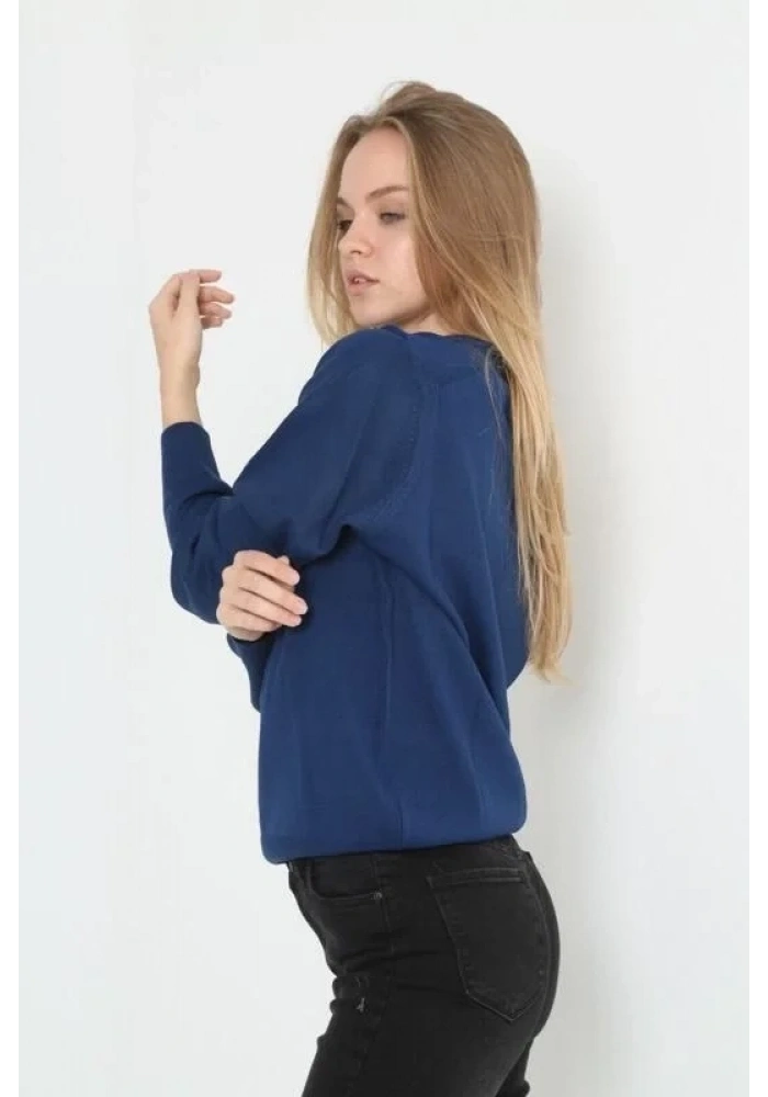 Unisex Uzun Kol V Yaka Triko Kazak - Indigo