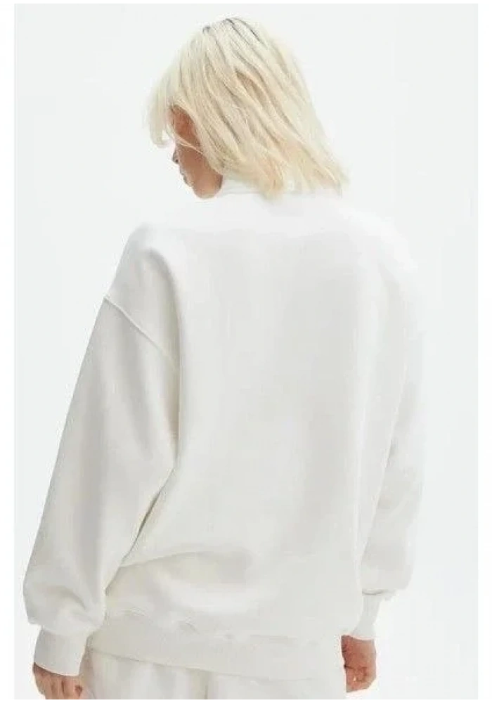 Unisex Uzun Kol Yarım Farmuarlı Yakalı Basic SweatShirt - Beyaz