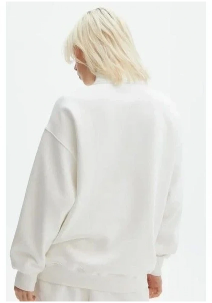 Kadın Uzun Kol Yarım Farmuarlı Yakalı Basic SweatShirt - Beyaz