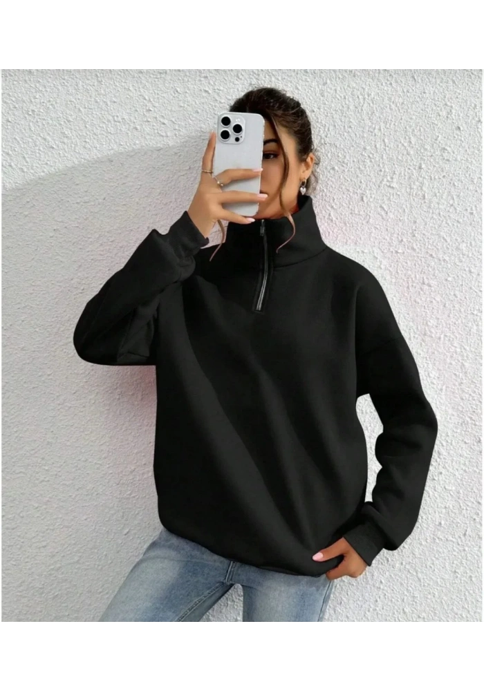 kadın Uzun Kol Yarım Farmuarlı Yakalı Basic SweatShirt - Siyah