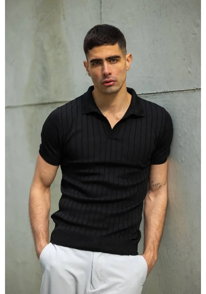 Erkek  V Yakalı Triko T-Shirt - Siyah