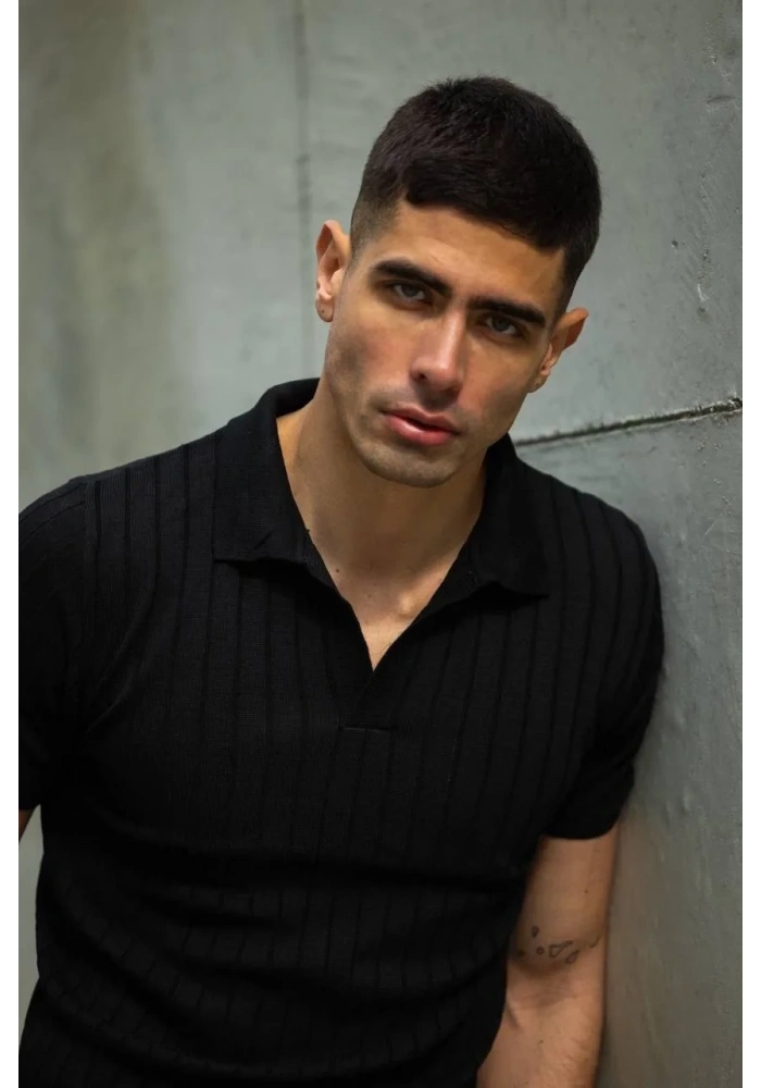 Erkek  V Yakalı Triko T-Shirt - Siyah