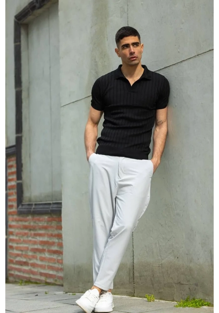 Erkek  V Yakalı Triko T-Shirt - Siyah