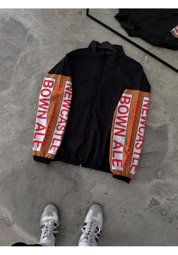 Unisex Vintage Baskılı Paraşüt Rüzgarlık - Siyah