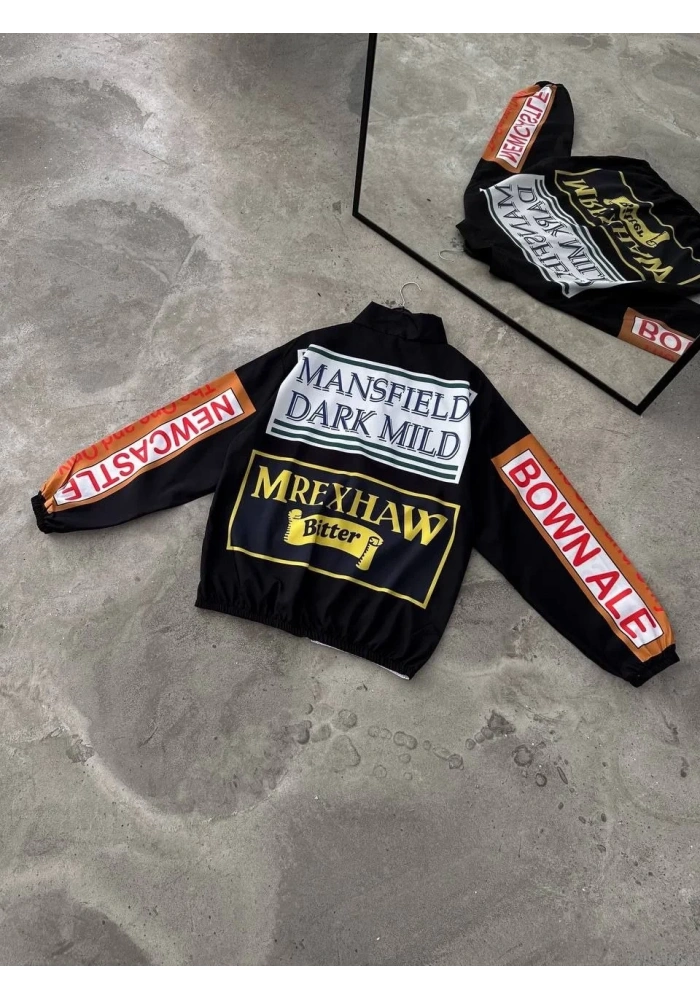 Unisex Vintage Baskılı Paraşüt Rüzgarlık - Siyah