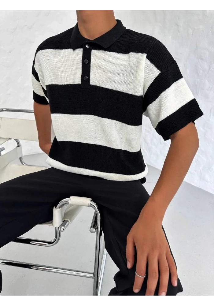 Erkek Yakalı Düğmeli Triko T-Shirt - Siyah