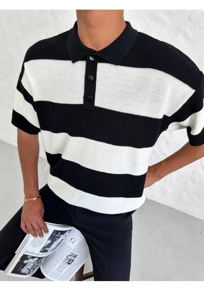 Erkek Yakalı Düğmeli Triko T-Shirt - Siyah