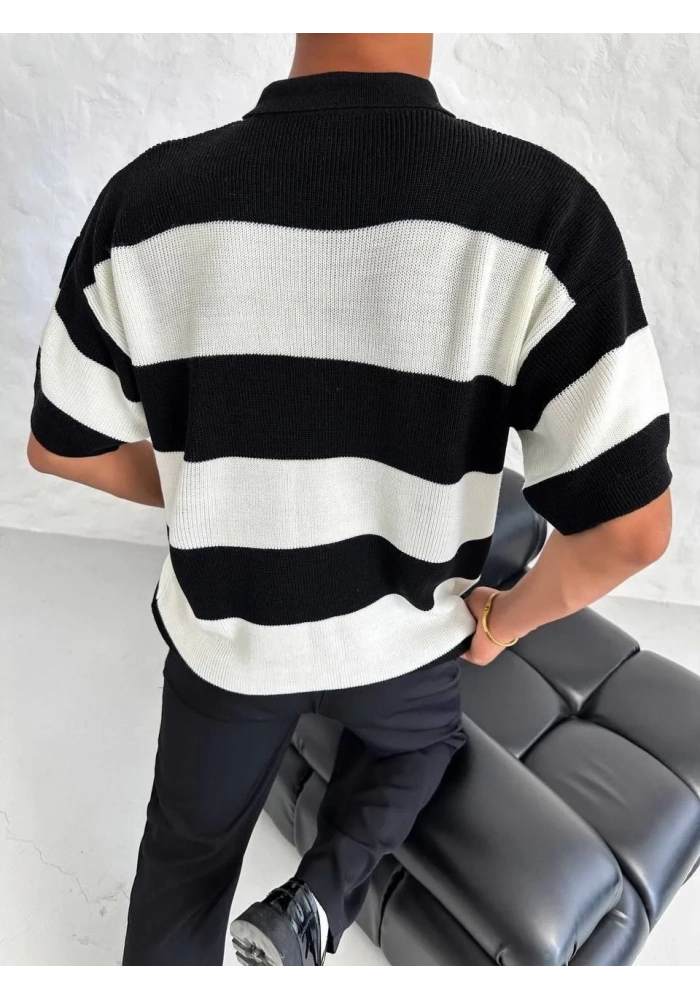 Erkek Yakalı Düğmeli Triko T-Shirt - Siyah