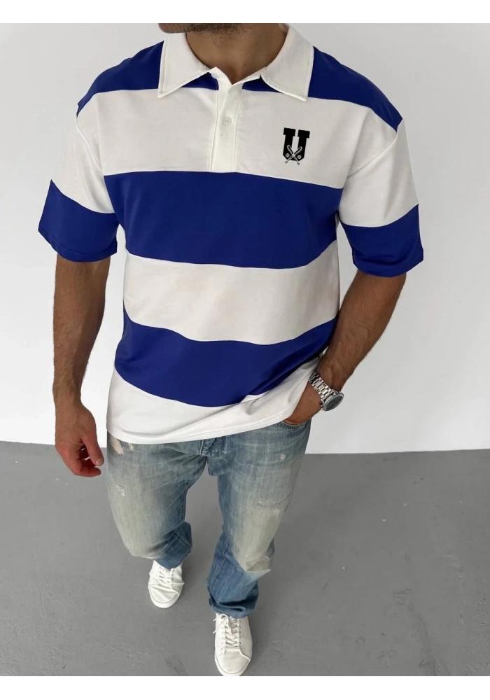 Unisex Yakalı Parçalı ve Baskılı T-shirt - Mavi