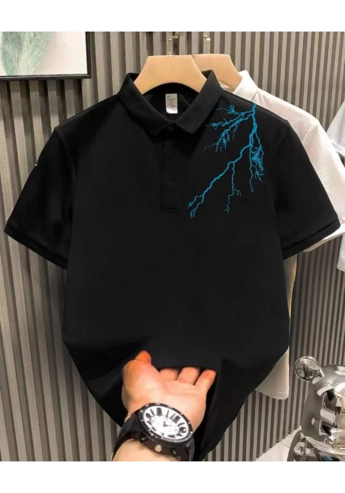 Erkek Yakası Düğmeli Baskılı T-Shirt - Siyah