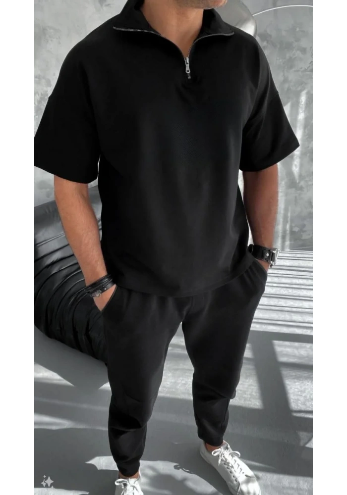 Unisex Yarım Fermuarlı Basic T-Shirt - Siyah