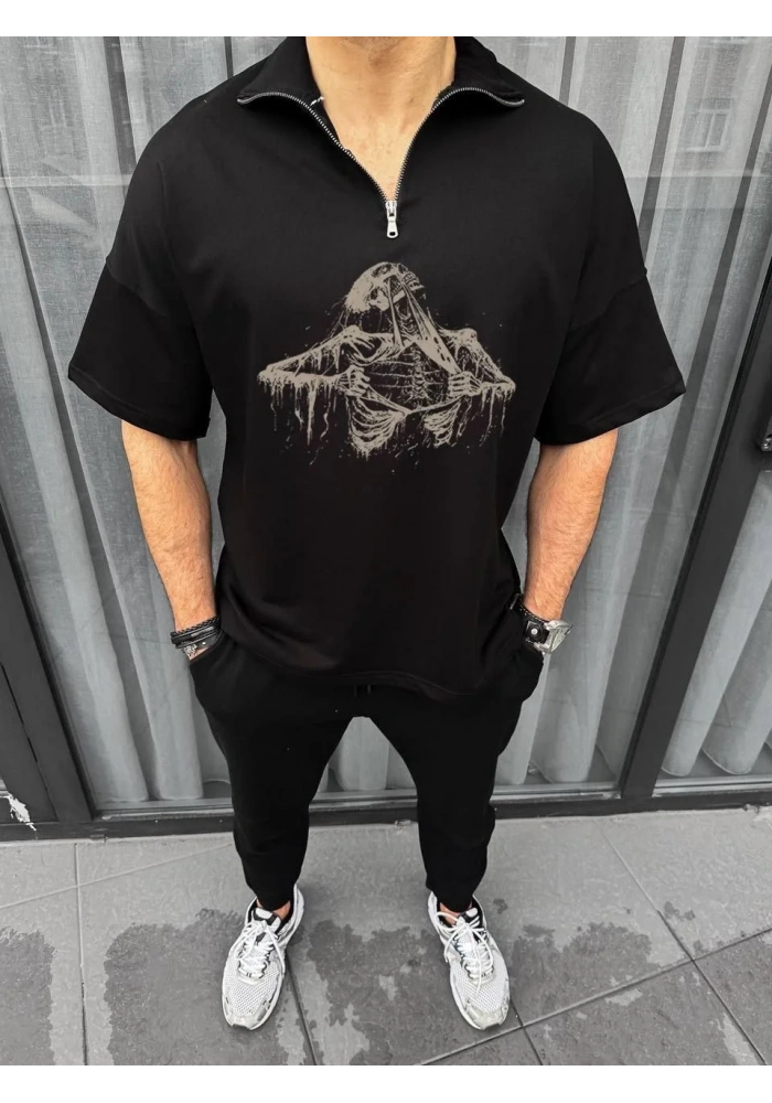 Unisex Yarım Fermuarlı Baskılı Oversize T-Shirt - Siyah