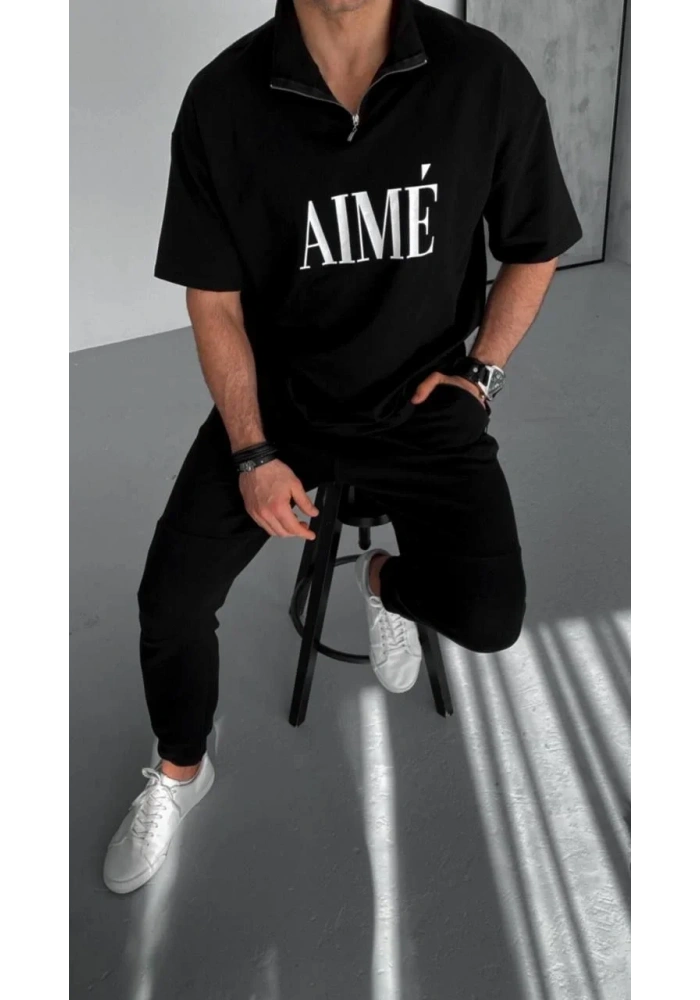 ERKEK Yarım Fermuarlı Baskılı T-Shirt - Siyah