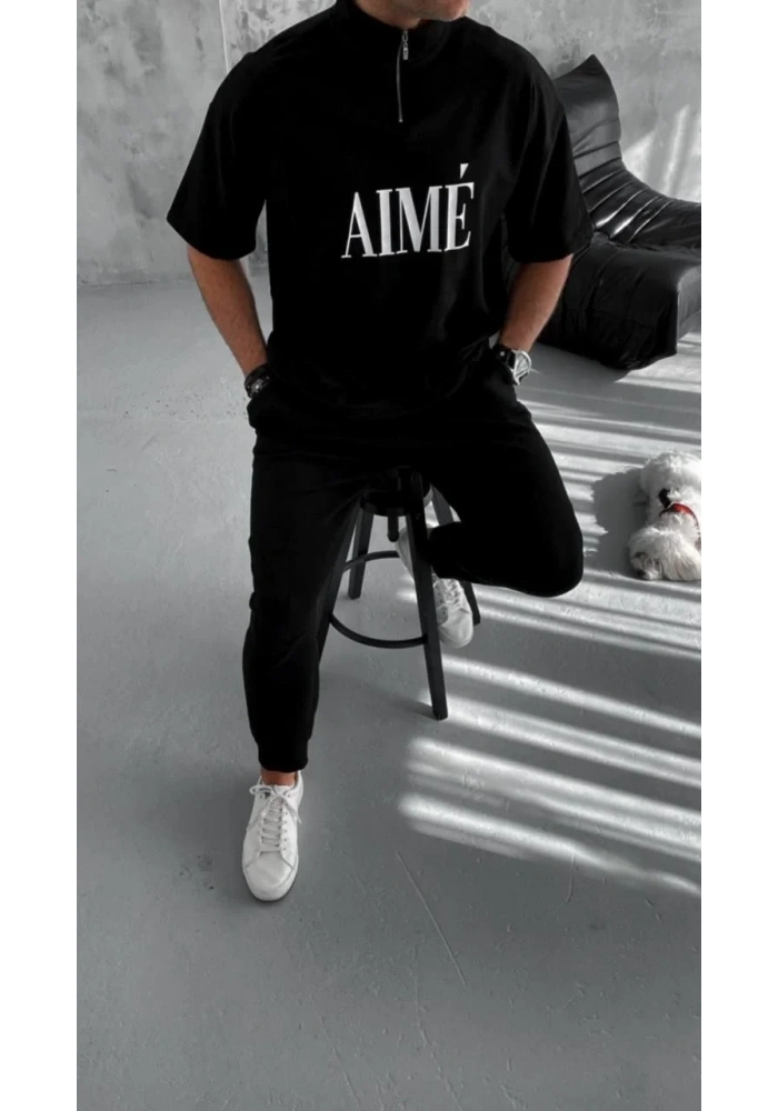 ERKEK Yarım Fermuarlı Baskılı T-Shirt - Siyah