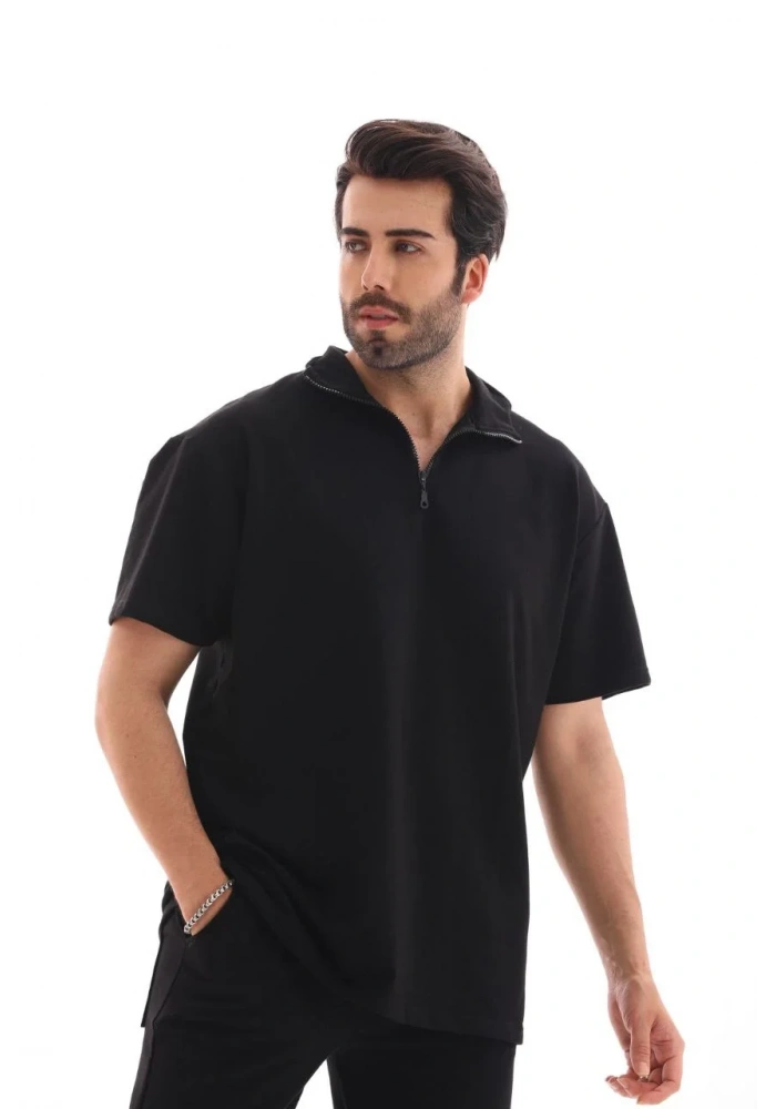 Unisex Yarım Fermuarlı Düz Oversize T-shirt - Siyah