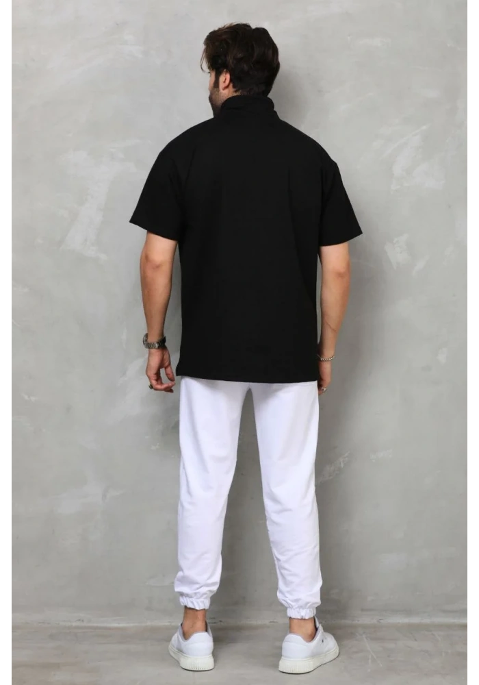 Unisex Yarım Fermuarlı Düz Oversize T-shirt - Siyah