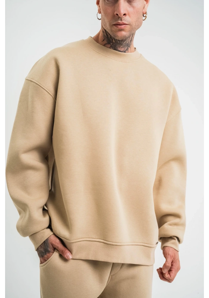 Uzun Kol Bisiklet Yaka Basic SweatShirt - Bej