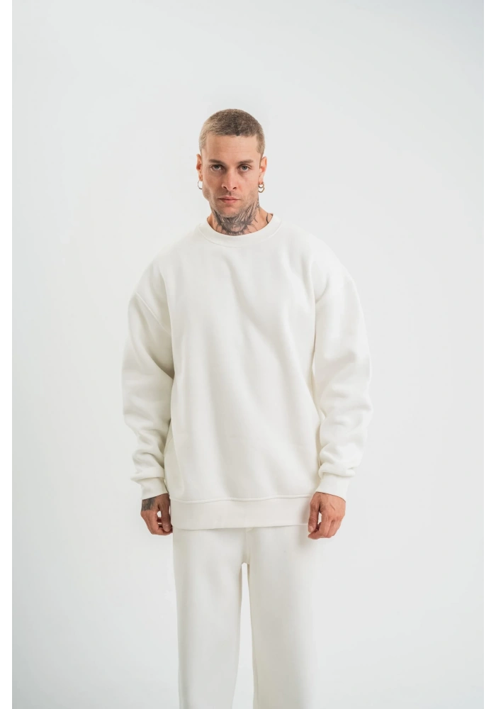 Uzun Kol Bisiklet Yaka Basic SweatShirt - Beyaz