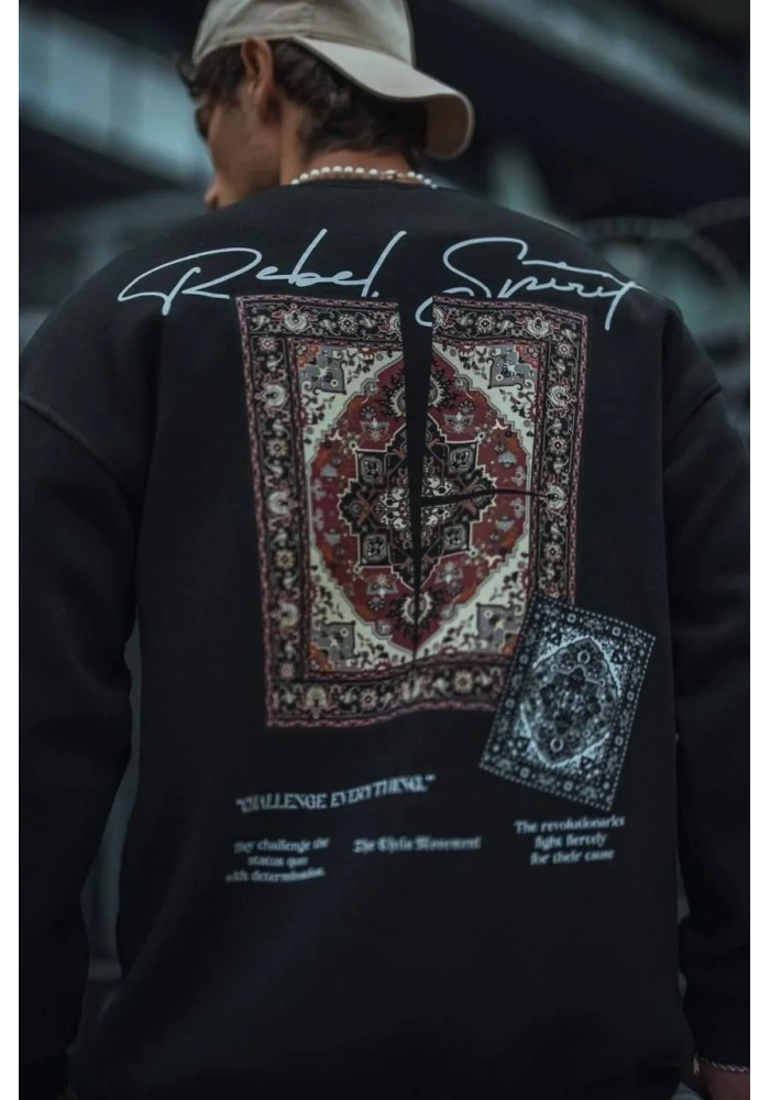 Uzun Kol Bisiklet Yaka Baskılı SweatShirt - Siyah