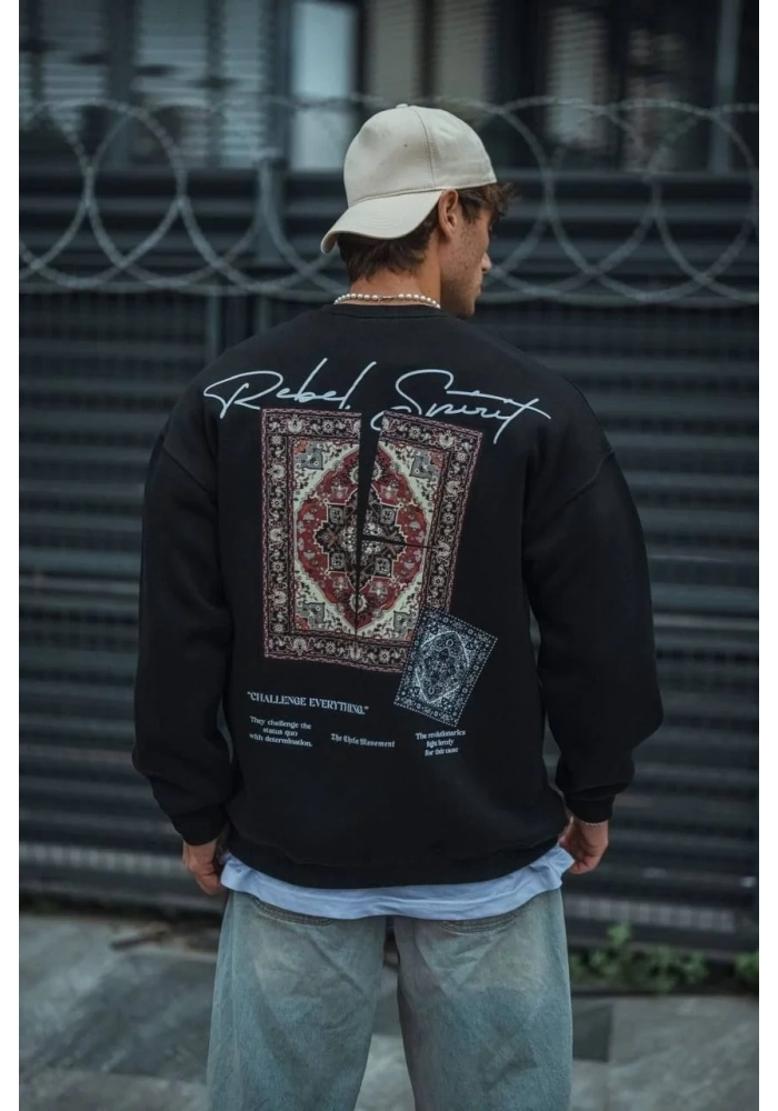 Uzun Kol Bisiklet Yaka Baskılı SweatShirt - Siyah