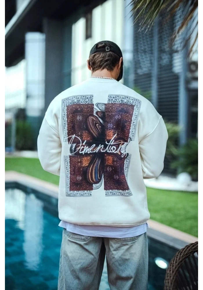 Uzun Kol Bisiklet Yaka Ön ve Arka Baskılı SweatShirt - Beyaz