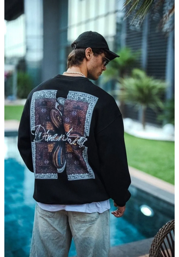 Uzun Kol Bisiklet Yaka Ön ve Arka Baskılı SweatShirt - Siyah