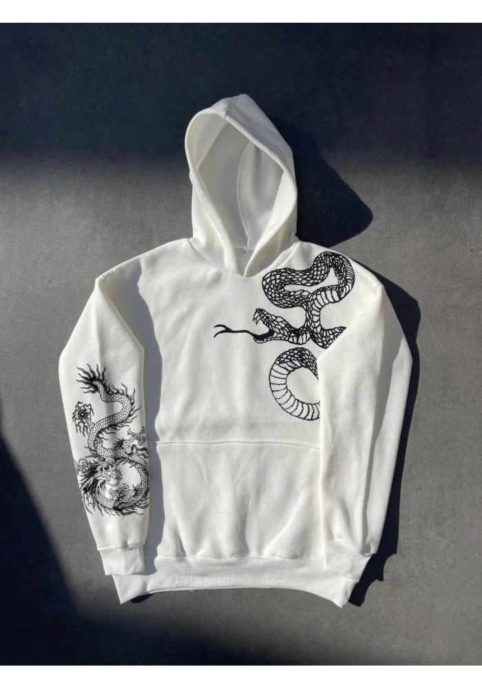 Uzun Kol Kapüşonlu Baskılı SweatShirt - Beyaz