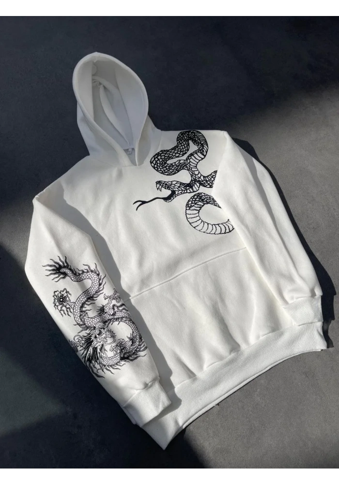Uzun Kol Kapüşonlu Baskılı SweatShirt - Beyaz