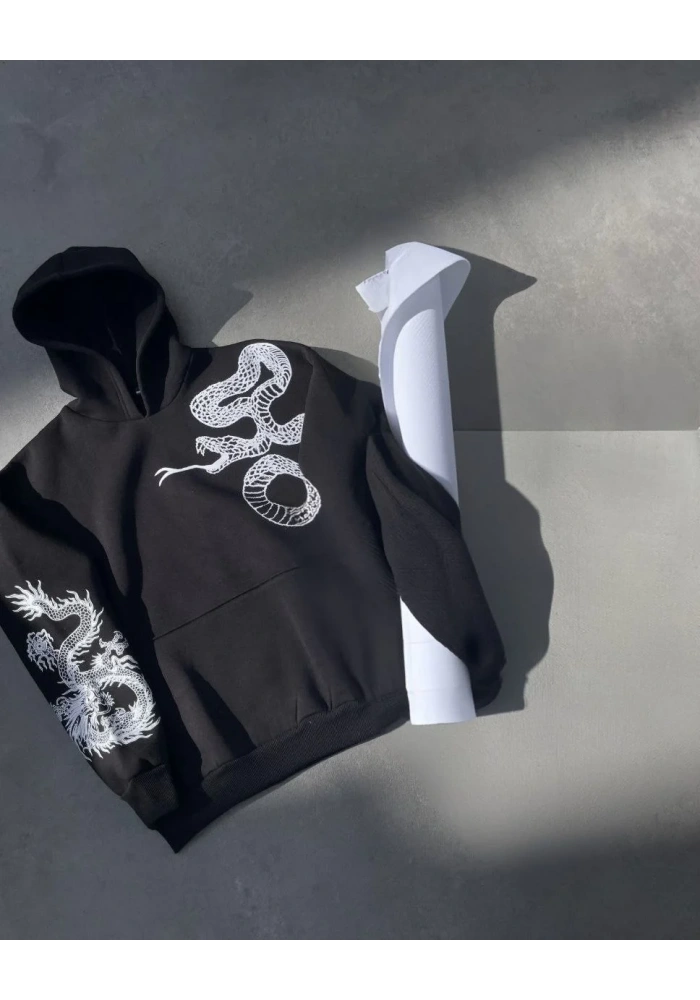 Uzun Kol Kapüşonlu Baskılı SweatShirt - Siyah