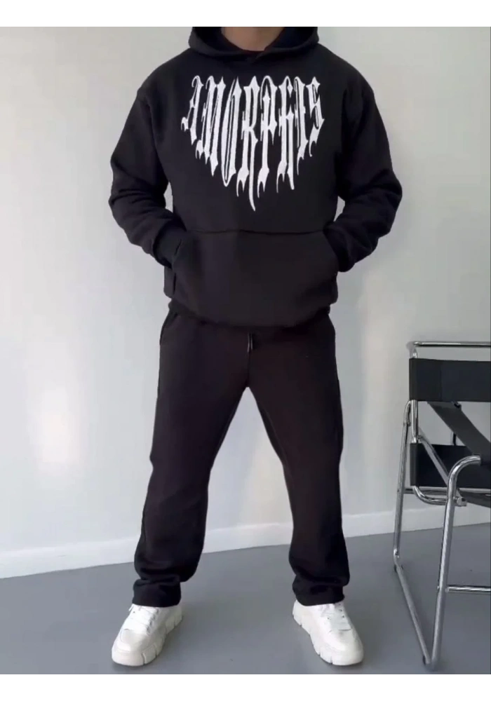 Uzun Kol Kapüşonlu Baskılı SweatShirt - Siyah