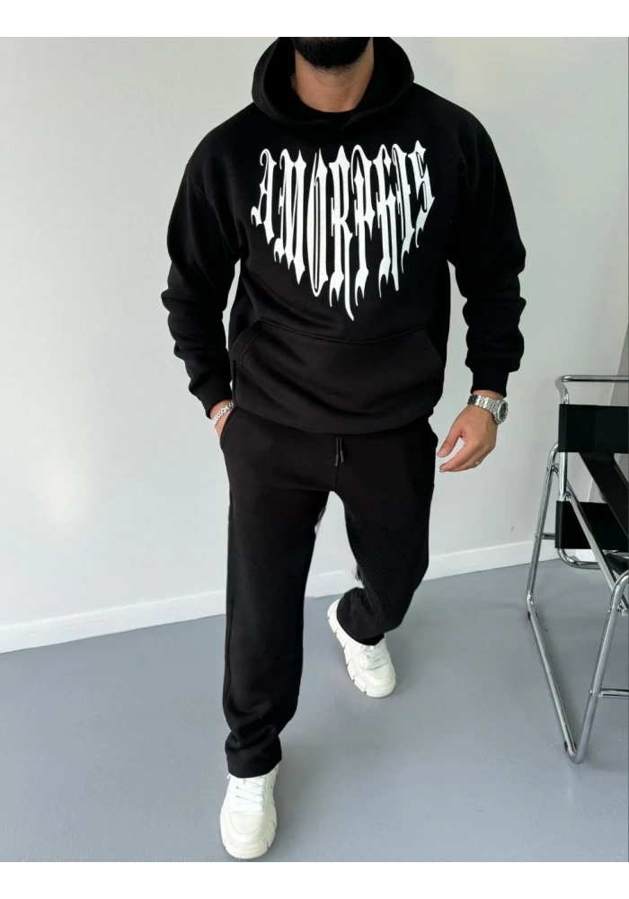 Uzun Kol Kapüşonlu Baskılı SweatShirt - Siyah