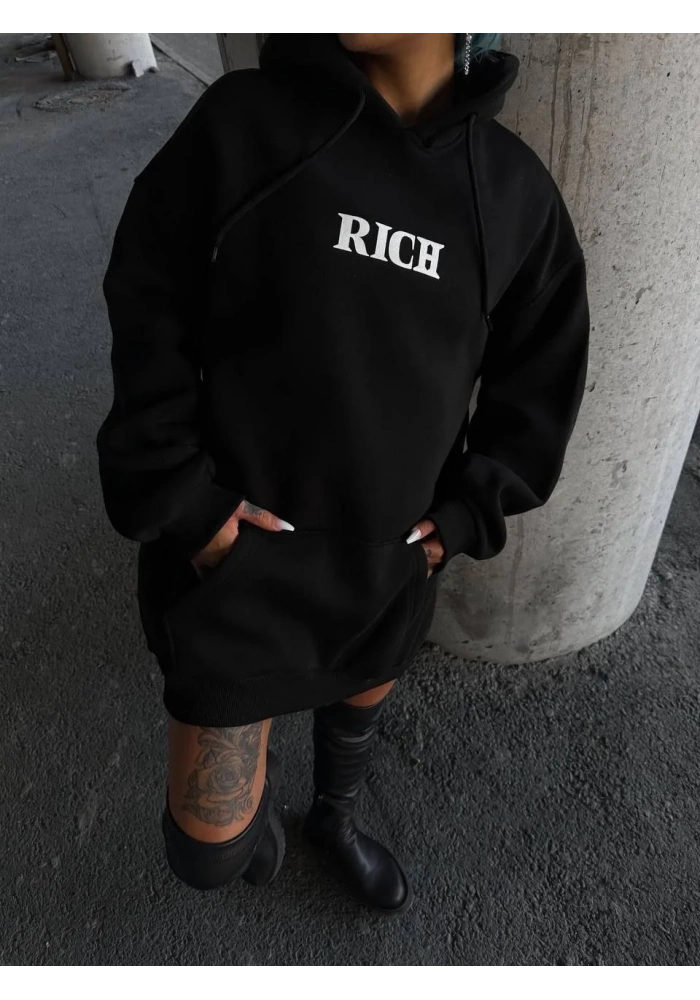 Uzun Kol Kapüşonlu Göğüs Baskılı SweatShirt - Siyah