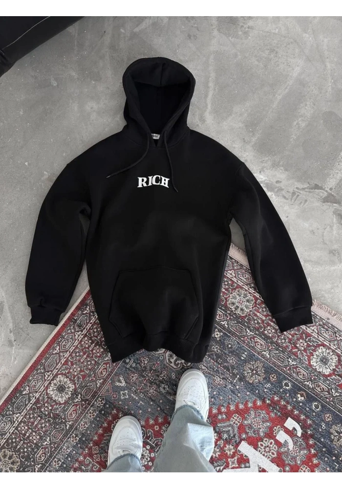Uzun Kol Kapüşonlu Göğüs Baskılı SweatShirt - Siyah