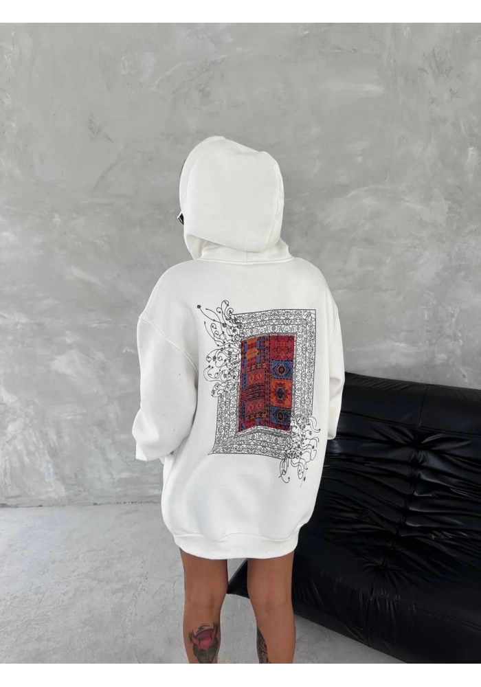 Uzun Kol Kapüşonlu Ön Ve Arka Baskılı SweatShirt - Beyaz
