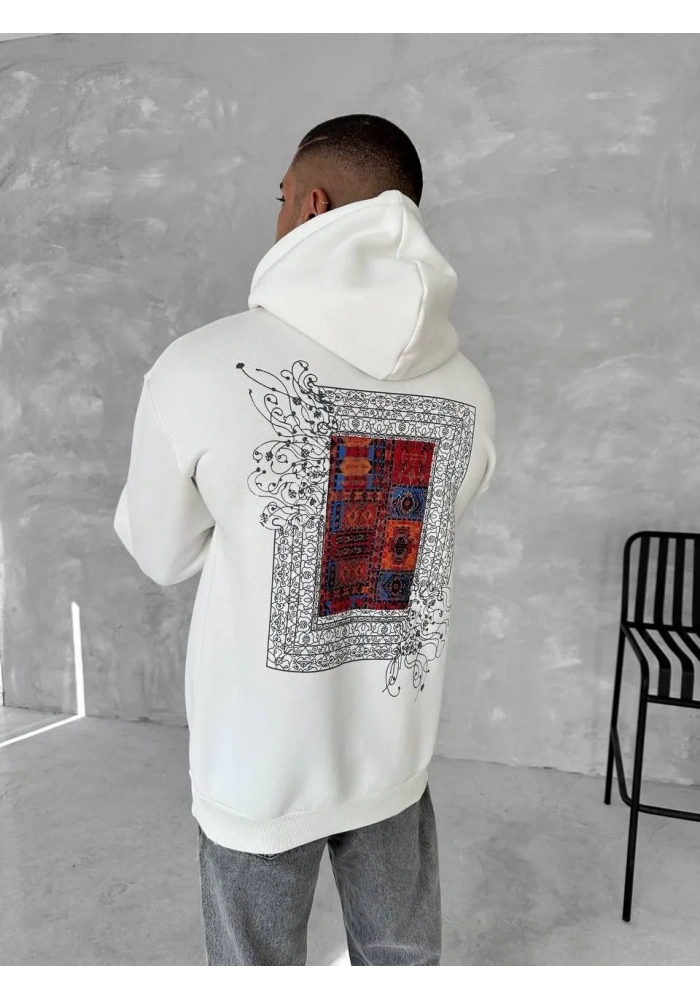 Uzun Kol Kapüşonlu Ön Ve Arka Baskılı SweatShirt - Beyaz